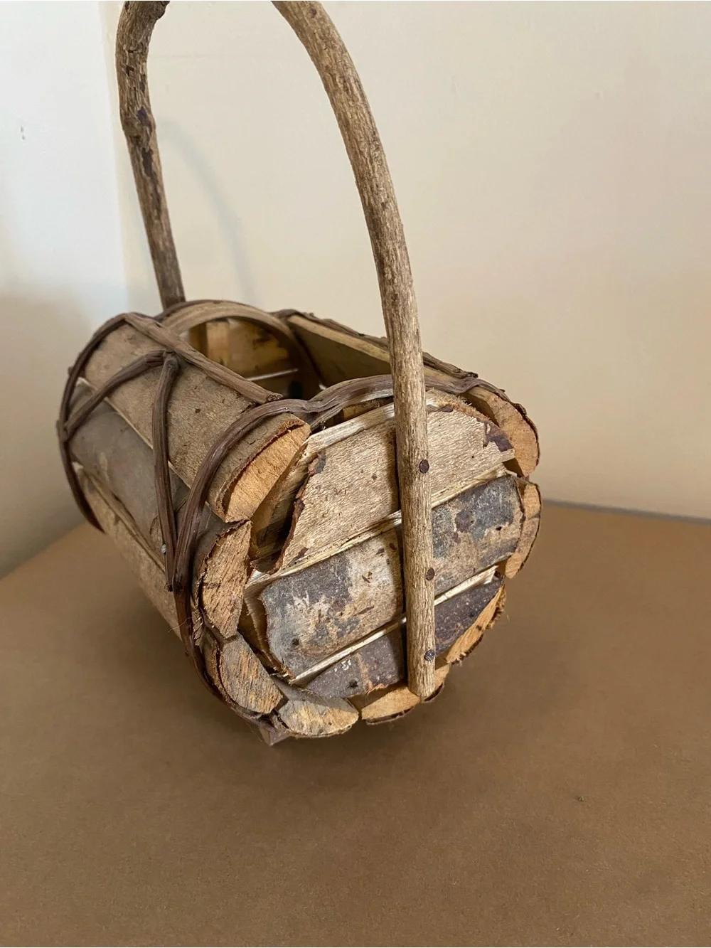 Rustic Natural Wood Handle Barrel Basket Brown with nails, vine wrapped decor